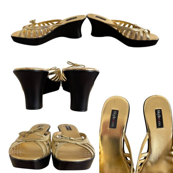 VINTAGE Y2K 2000'S GOLD BOW STRAPPY WEDGE PLATFORM SANDALS SIZE 7 NEW - Picture 3 of 4